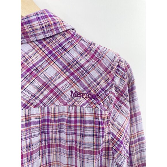 Marmot Women's‎ Purple Plaid Button Up Collared Roll Tab Sleeve Shirt Sz M - Picture 8 of 10